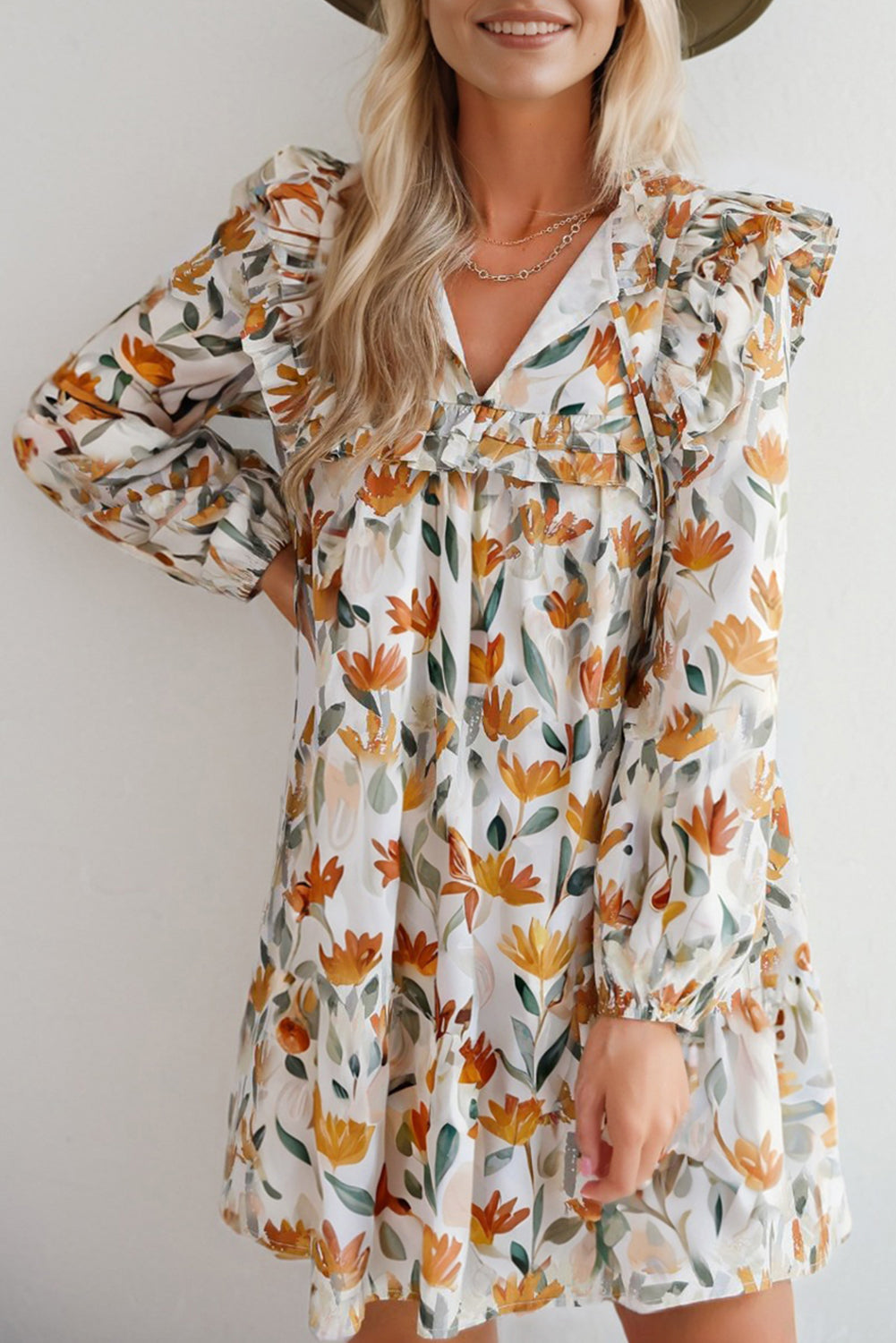 Orange Fall Floral Ruffled V-Neck Long Sleeve Mini Dress