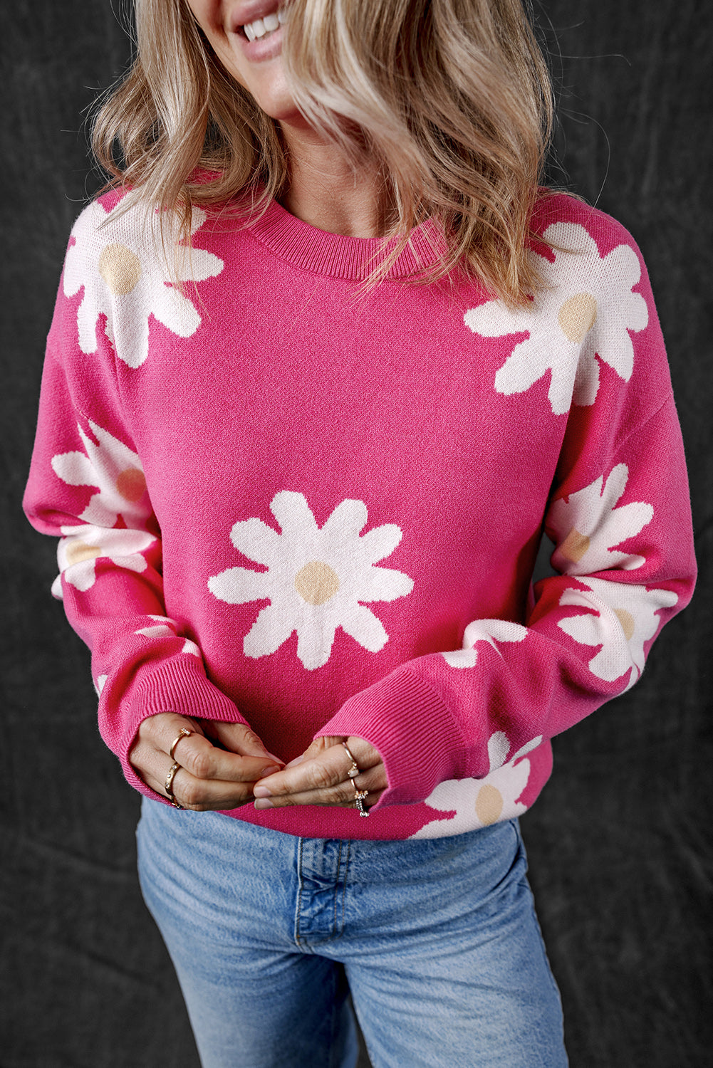 Bright Pink Daisy Crew Neck Long Sleeve Sweater