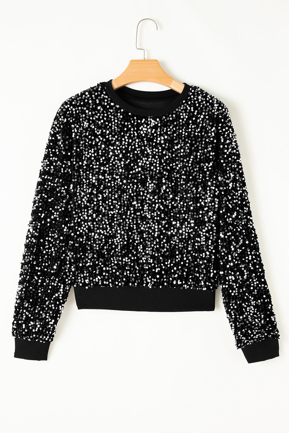 Black Sequined Long Sleeve Cropped Pullover