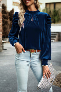 Sapphire Tie Back Neck Ruffly Sleeve Velour Blouse