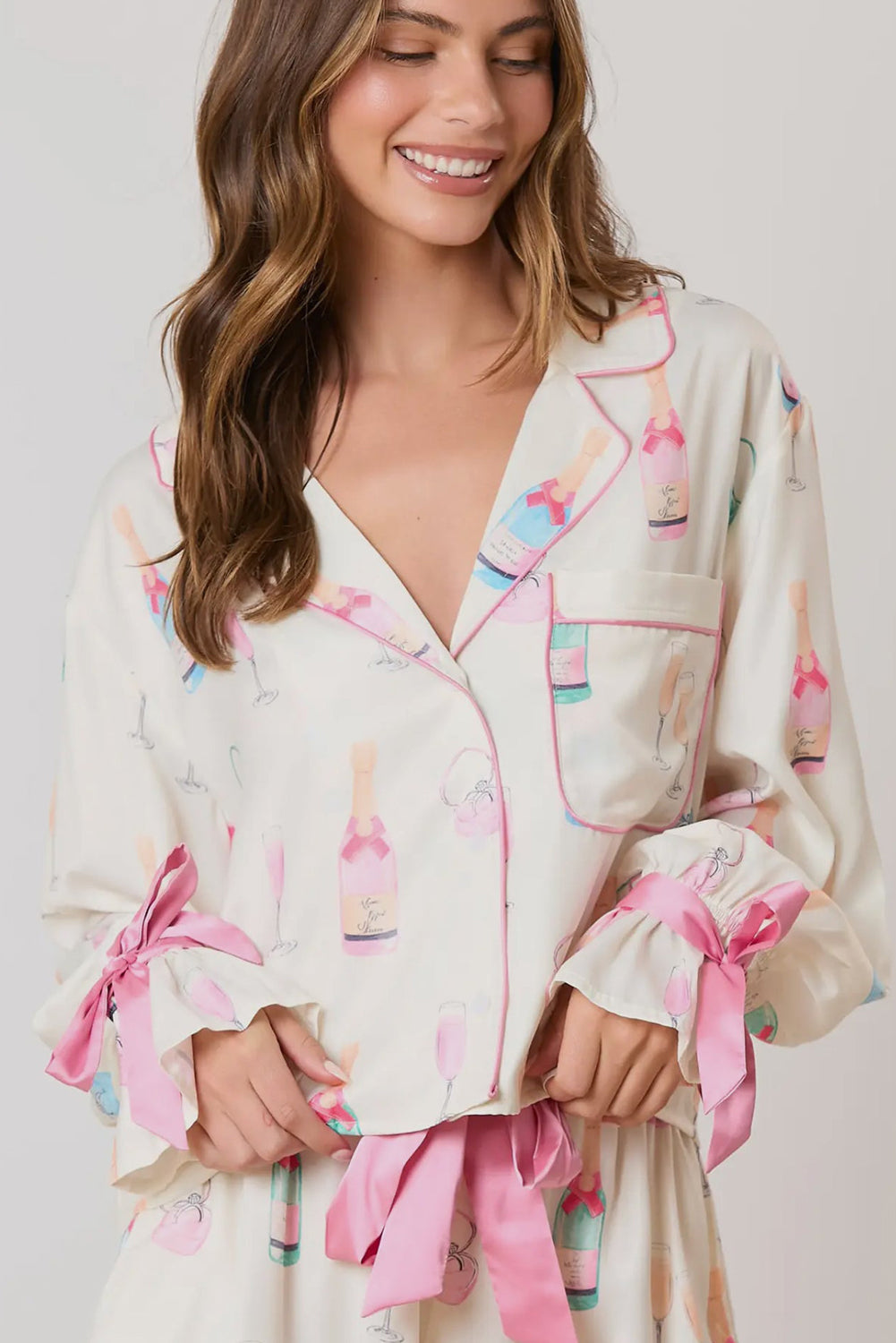 White Wine Glass Print & Pink Bow Ties Shorts Pajama Set