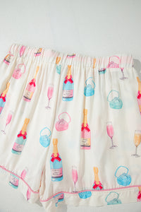 White Wine Glass Print & Pink Bow Ties Shorts Pajama Set