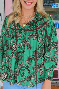 Green and Black Floral V-Neck Brown Trim Long Sleeve Blouse