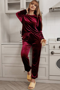 Burgundy Velour Long-sleeve Top & Pants Lounge Set