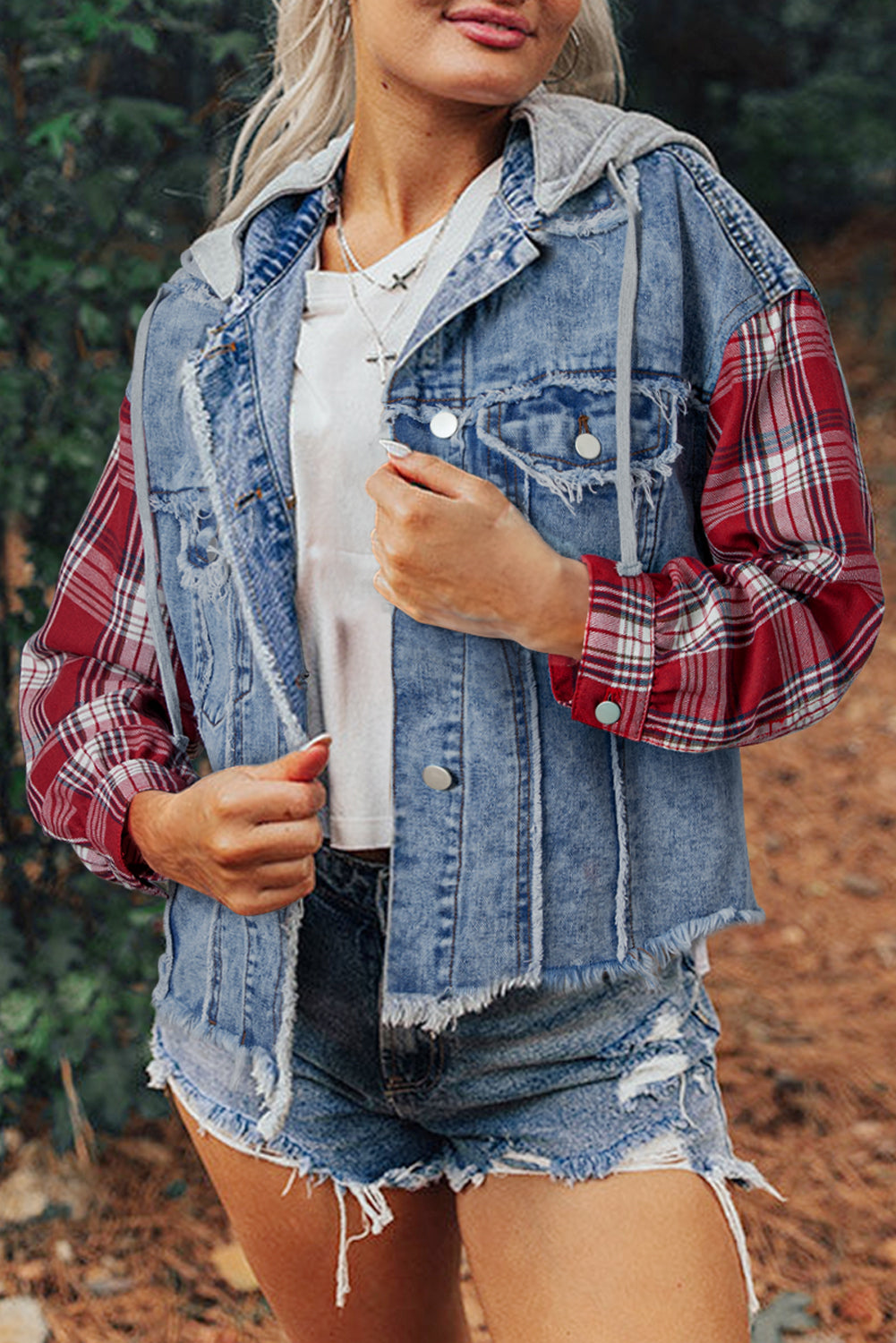 Raw Hem Denim Hooded Button Up Jacket with Red Plaid Sleeves