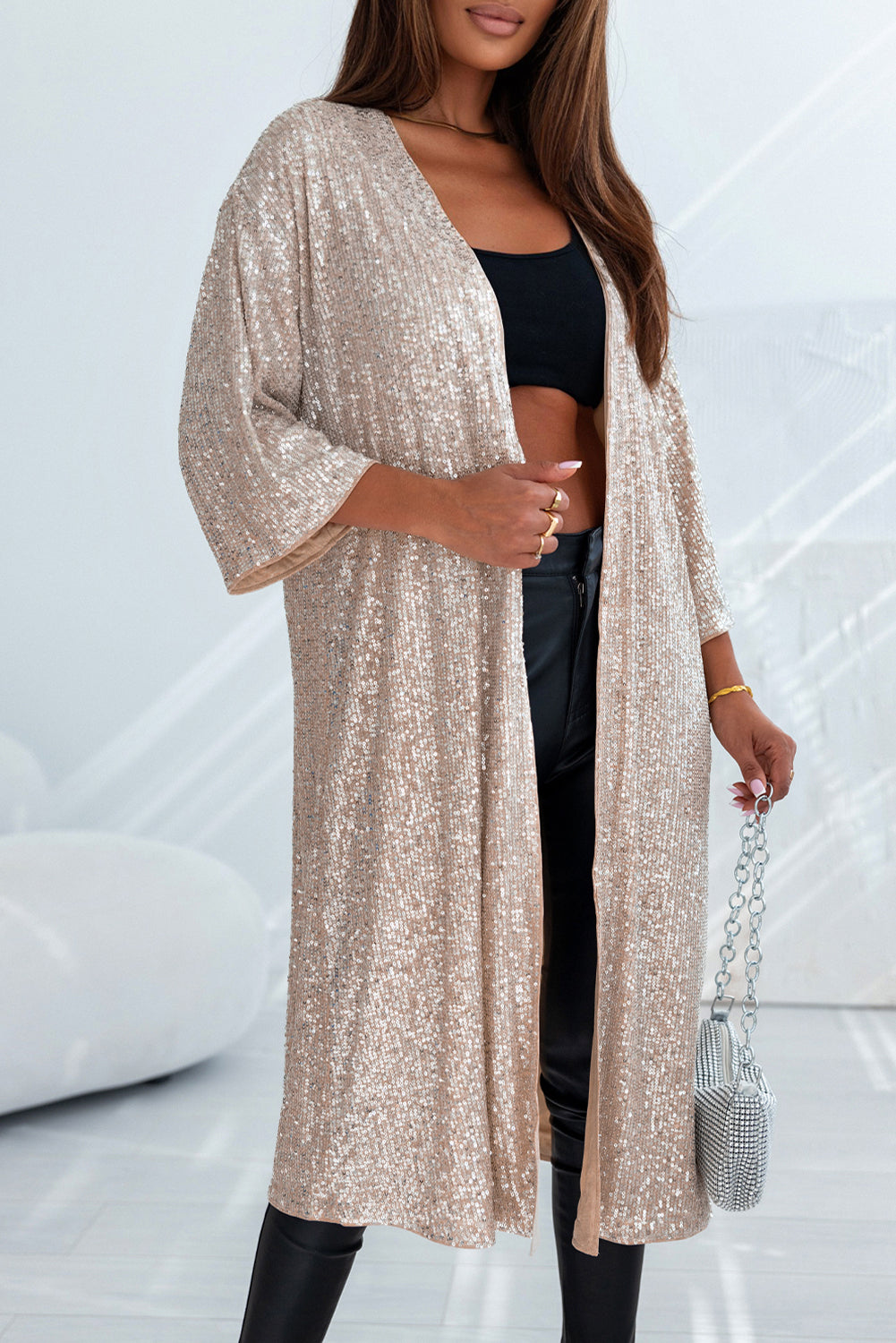 Champagne Sequin 3/4 Sleeve Open Front Duster Kimono