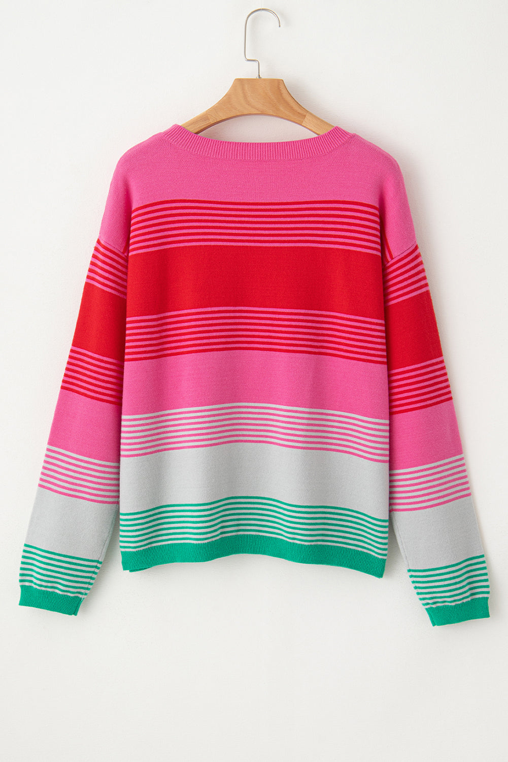 Pink Red Green Striped Drop Shoulder Knit Sweater