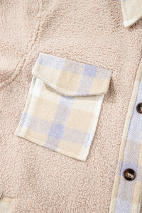 Beige Plaid Patchwork Collared Button-up Sherpa Long Coat