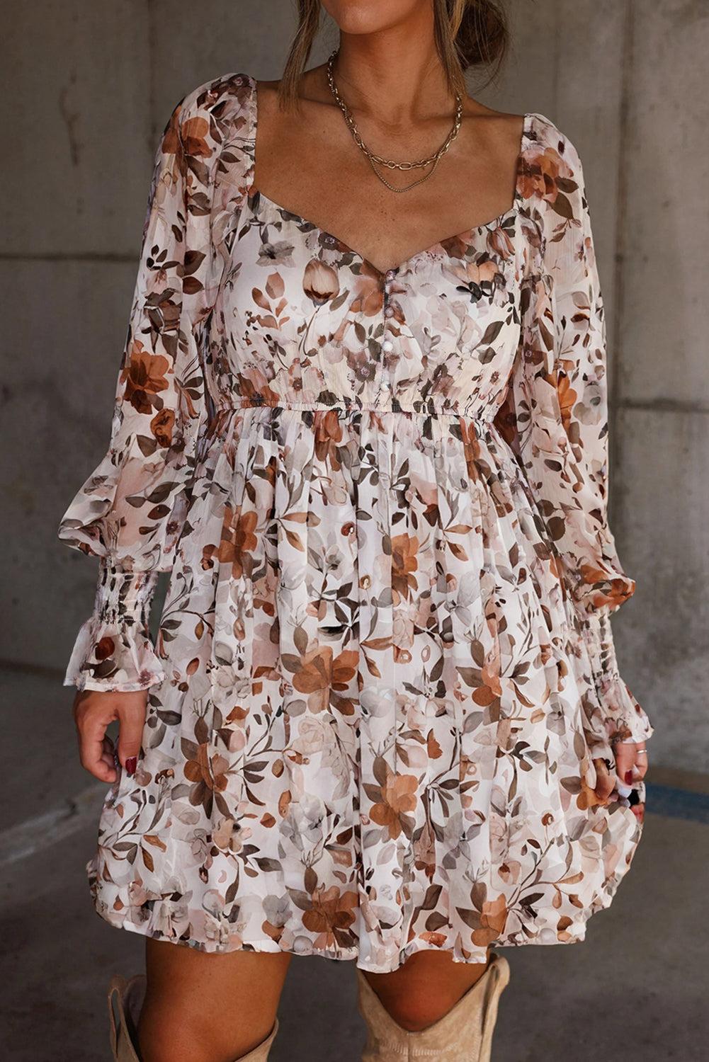Brown Fall Floral Sweetheart Neck Long Sleeve High Waist Mini Dress