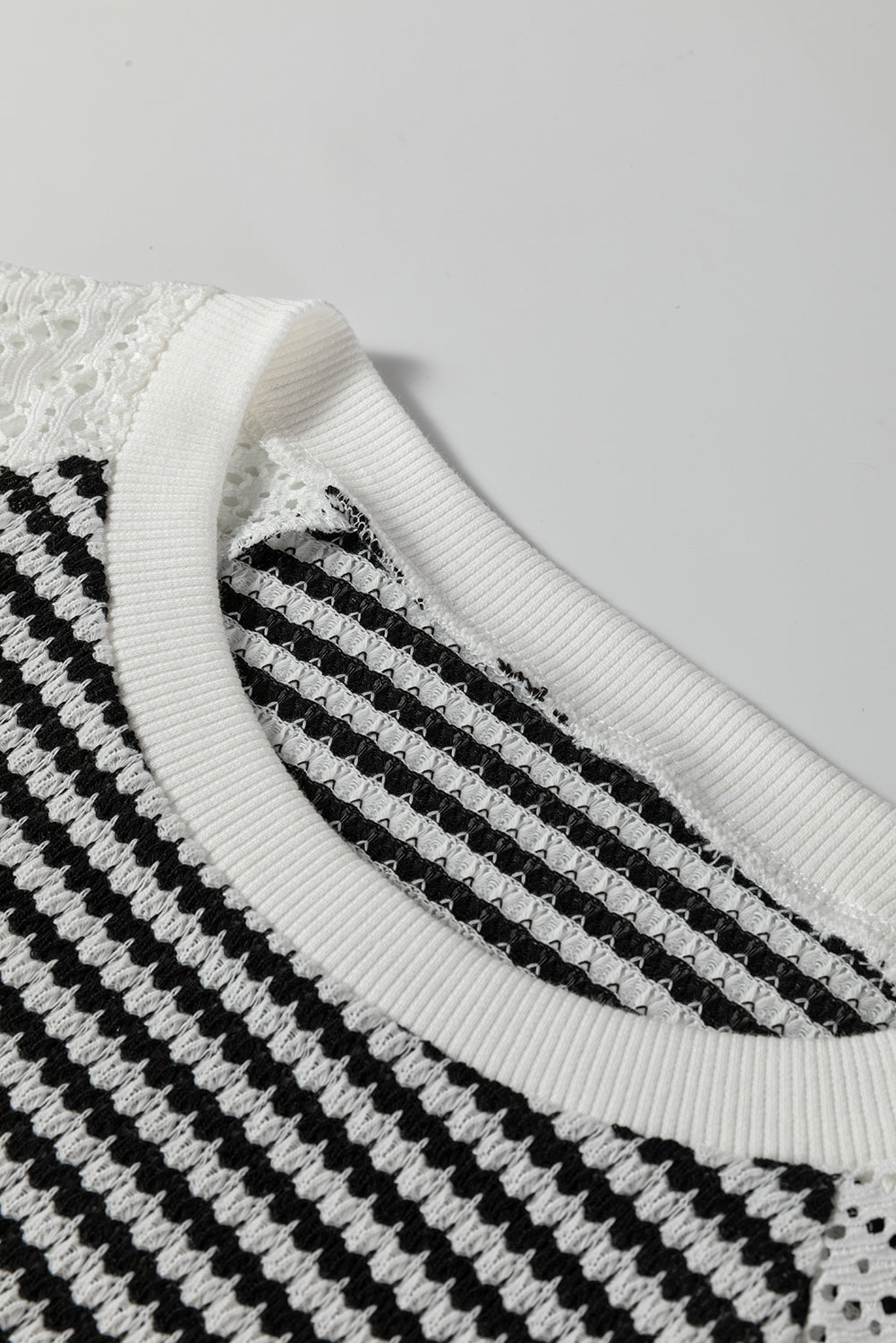 Black Stripe Open Lace Raglan Sleeve Textured Knit Top