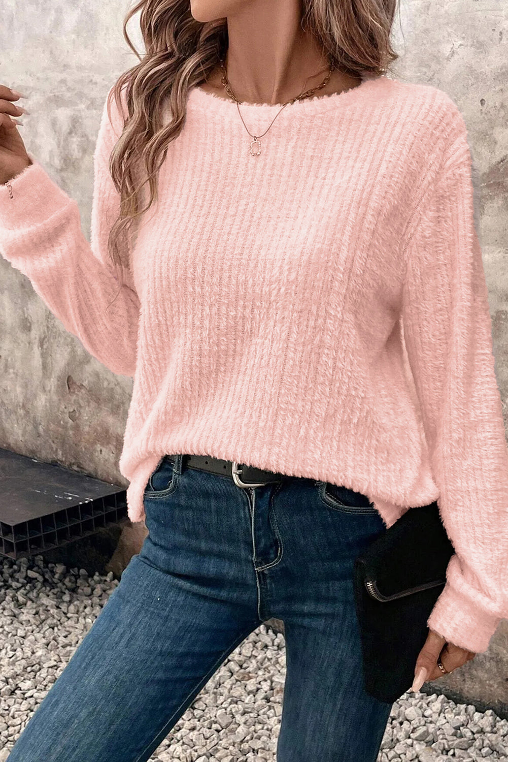 Light Pink Fuzzy Textured Dropped Shoulder Knit Top