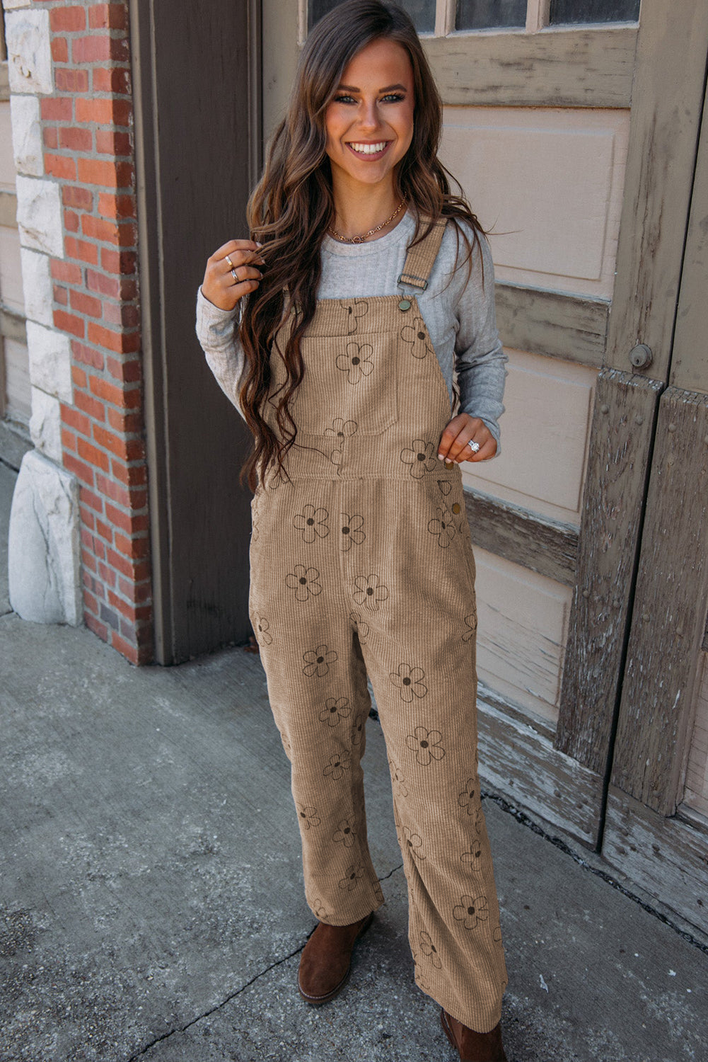 Khaki Flower Print Corduroy Overalls