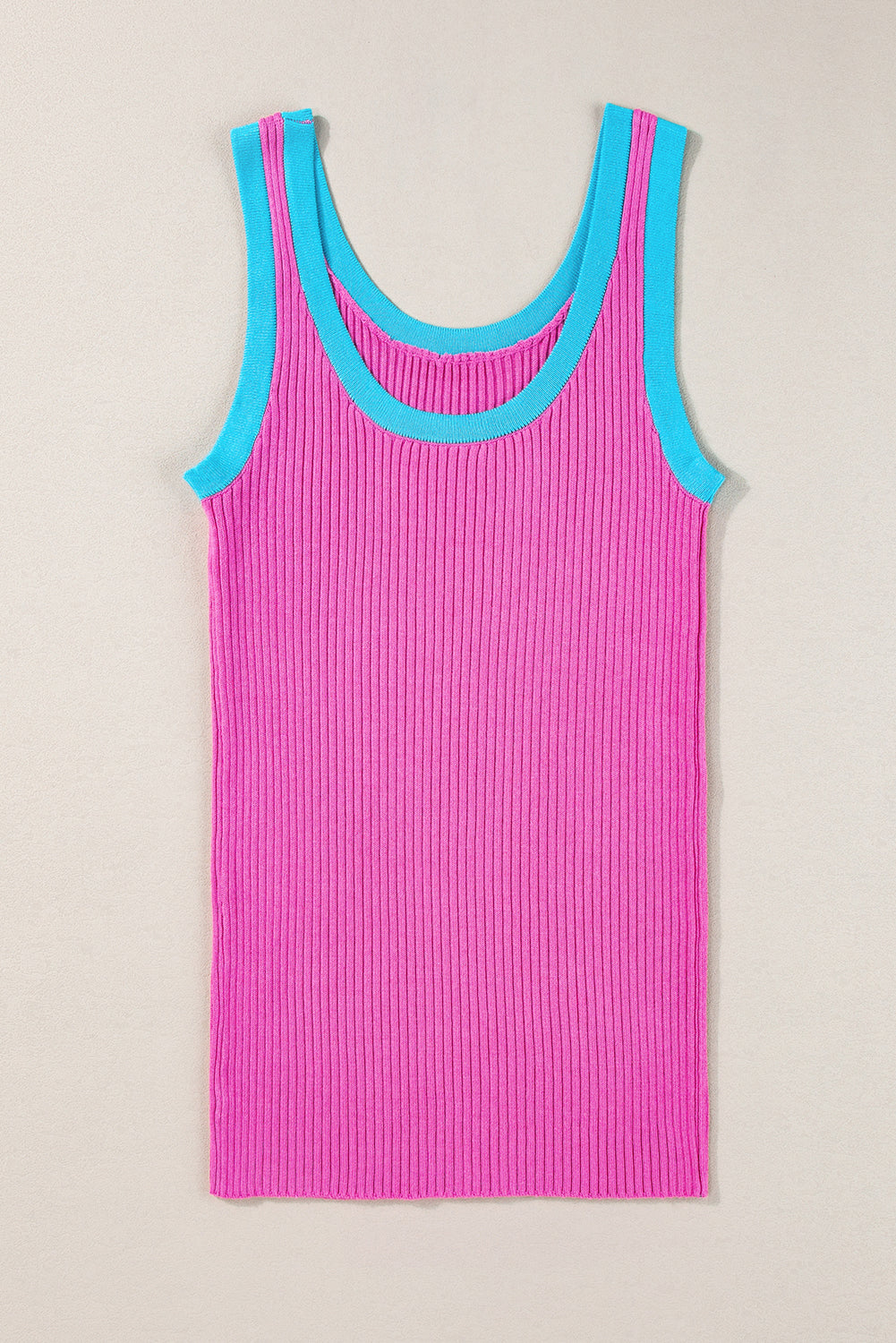 Bright Pink and Aqua Trim Ribbed Knit U-Neck Tank Top