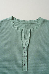 Smoke Green Distressed Waffle Knit Long Sleeve Henley