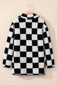 Black and White Checkered Button Up Collard Fleece Coat