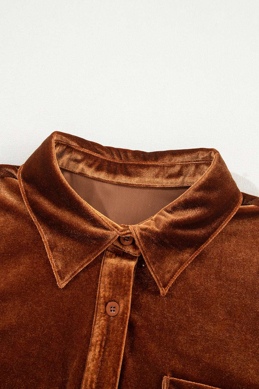 Chestnut Brown Button Down Chest Pocket Velour Loose Shirt