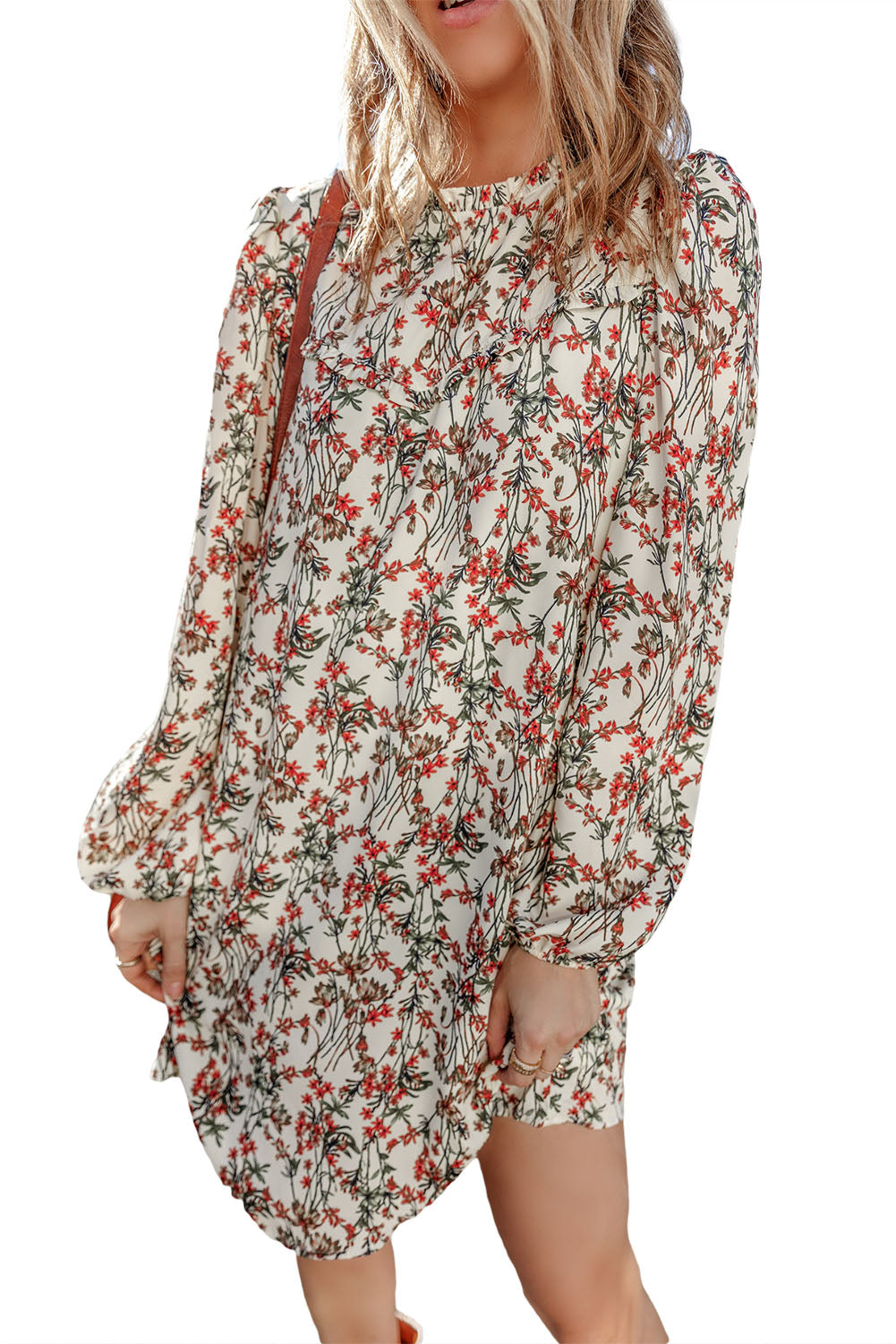 White Fall Floral Print  Long Sleeve Mini Dress