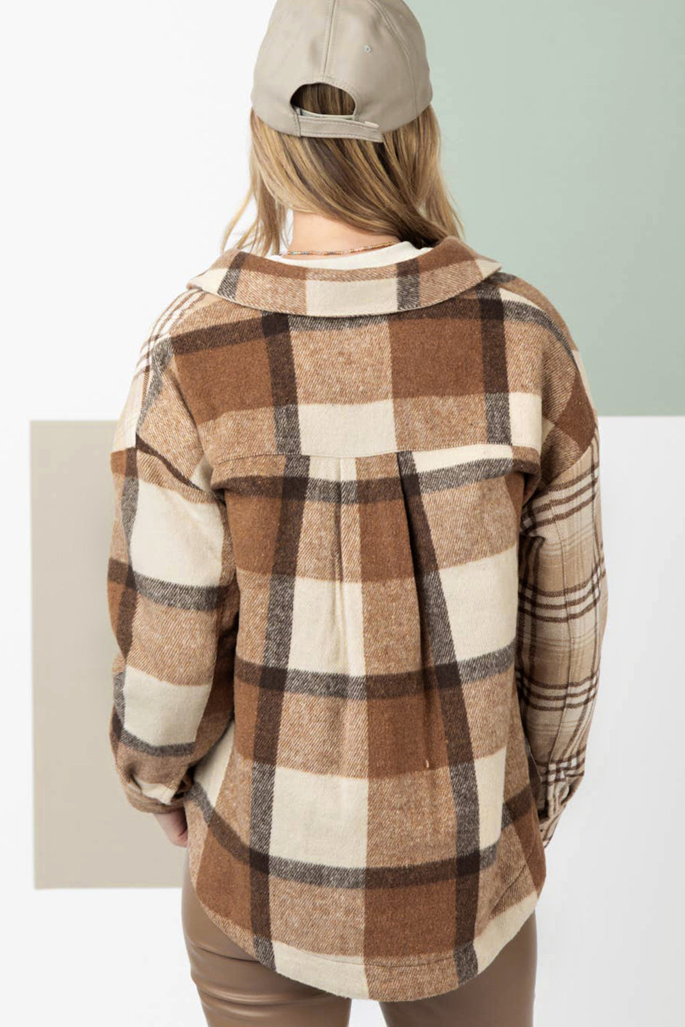 Brown and Beige Flannel Plaid Double Chest Pocket Shacket