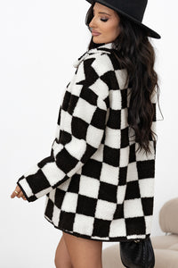 Black and White Checkered Button Up Collard Fleece Coat