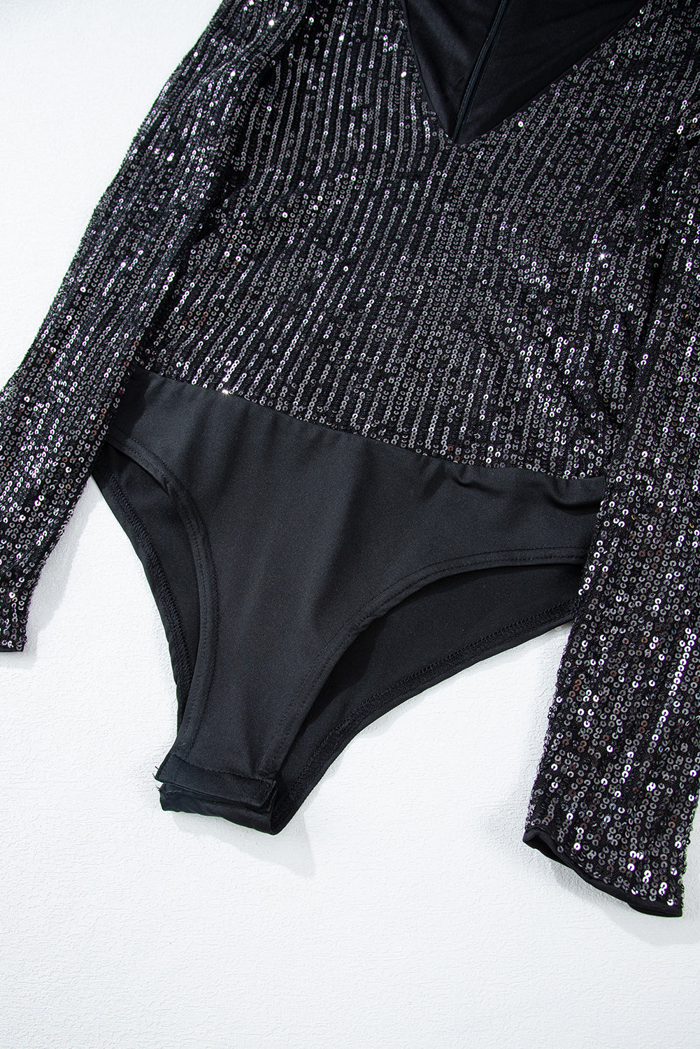 Black Sequin V-Neck Back Zip Up Long Sleeve Bodysuit