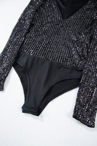 Black Sequin V-Neck Back Zip Up Long Sleeve Bodysuit