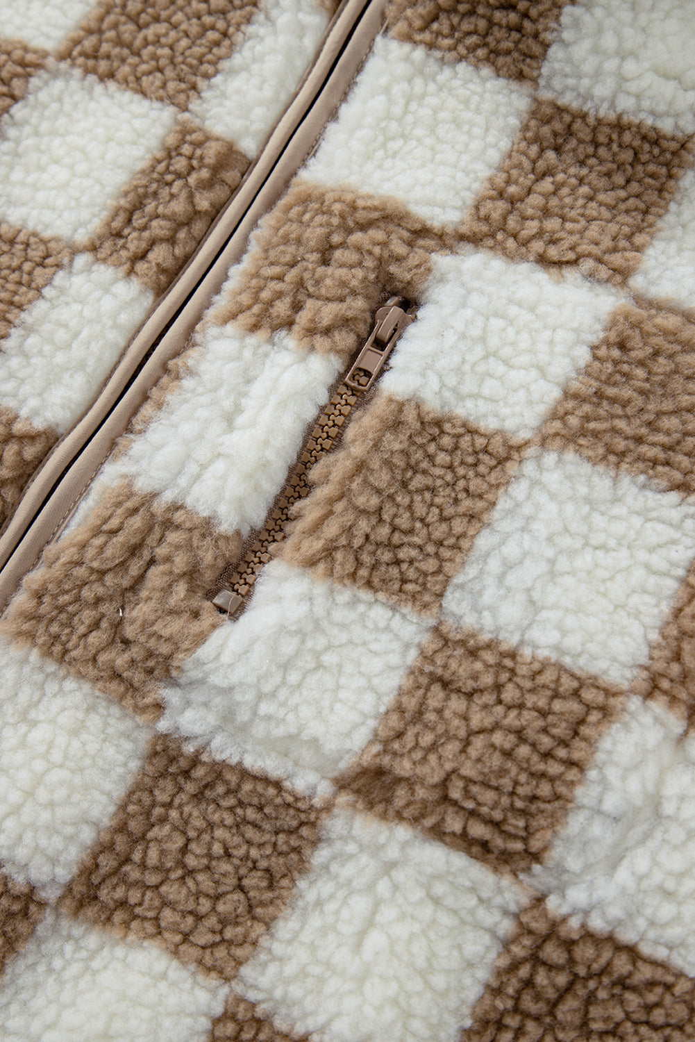 Brown & Cream Checkered Zip Up Sherpa Vest w/Zip Chest Pocket