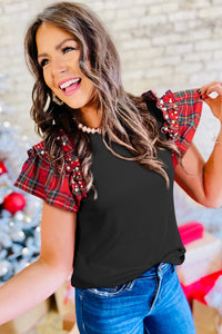 Red Tartan Plaid Pearled Ruffly Cap Sleeve Knit Shirt