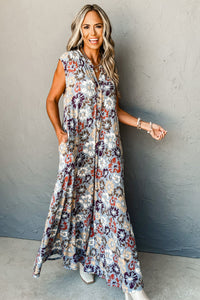 Khaki and Blue Floral Sleeveless V-neck Pocketed Wide Leg Jumpsuit