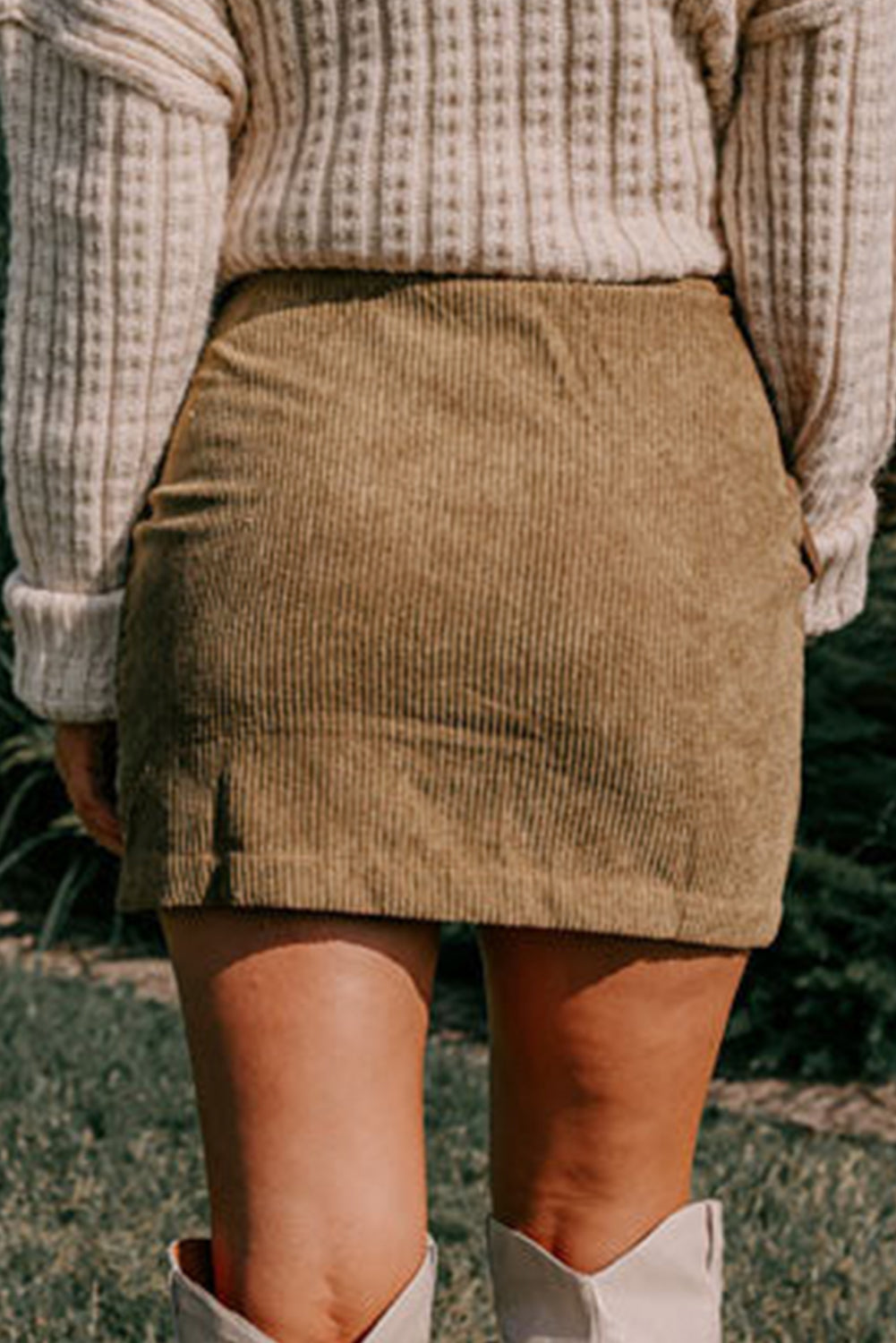 Tan Corduroy Buttoned Front Faux Pockets Mini Skirt