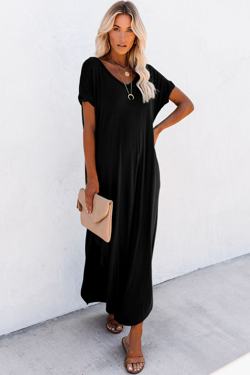 Black V-neck Side Split Maxi T-shirt Dress with Pockets