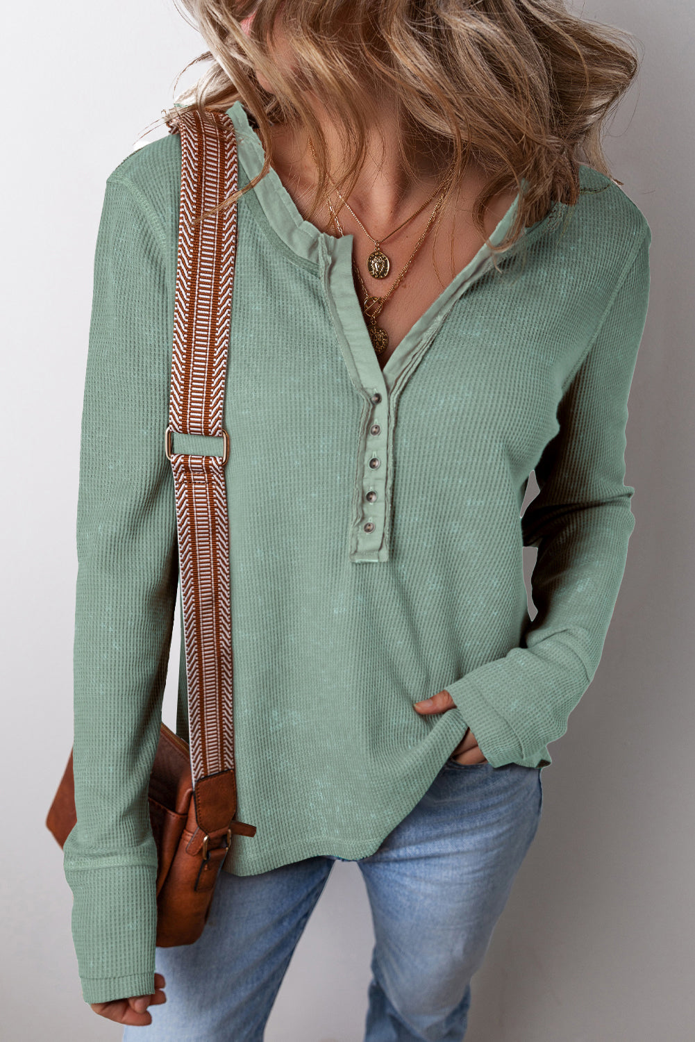 Smoke Green Distressed Waffle Knit Long Sleeve Henley