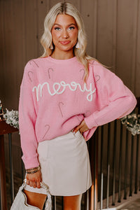 Pink Merry Candy Cane Crew Neck Knit Sweater