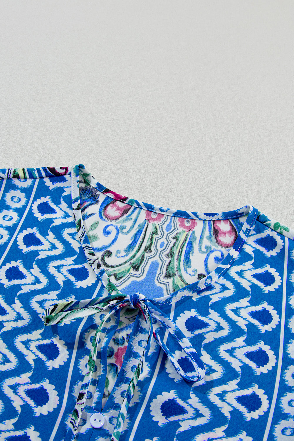 Sky Blue Bohemian Print Tie Neck Ruffled Mini Dress