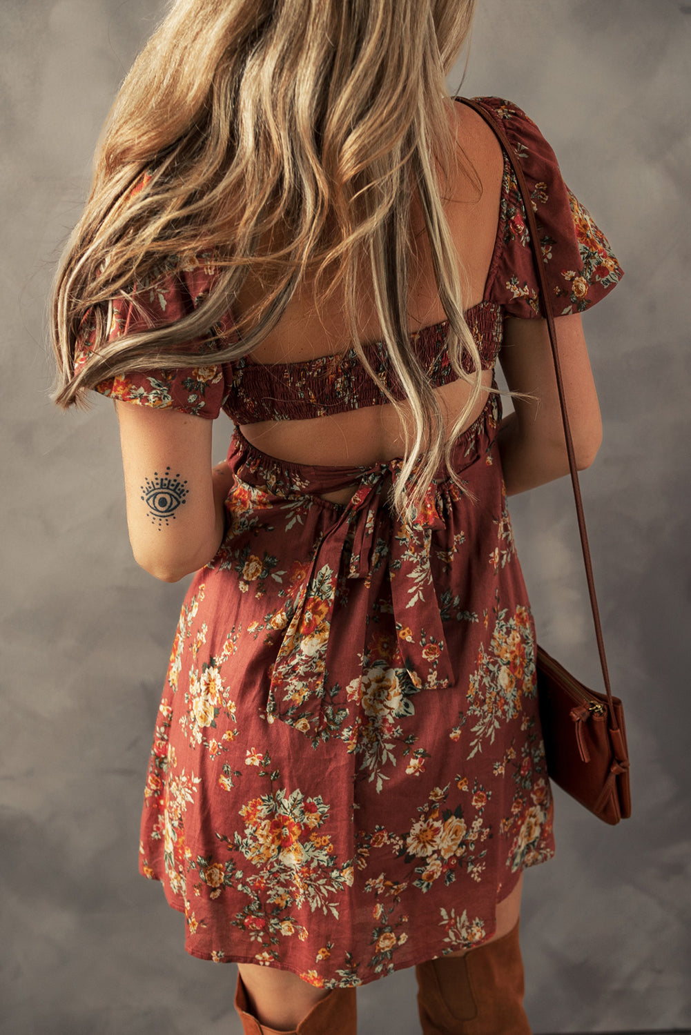 Rust Floral Puff Sleeve Square Neck Knot Open Back Mini Dress