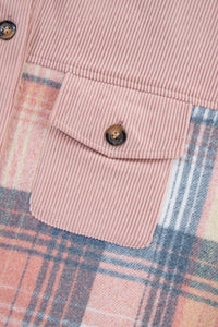 Light Pink & Blue Plaid Corduroy Color-block Chest Pockets Heavyweight Button-down Shirt