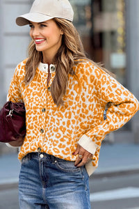 Leopard Print Drop Shoulder Button Down Cardigan Sweater