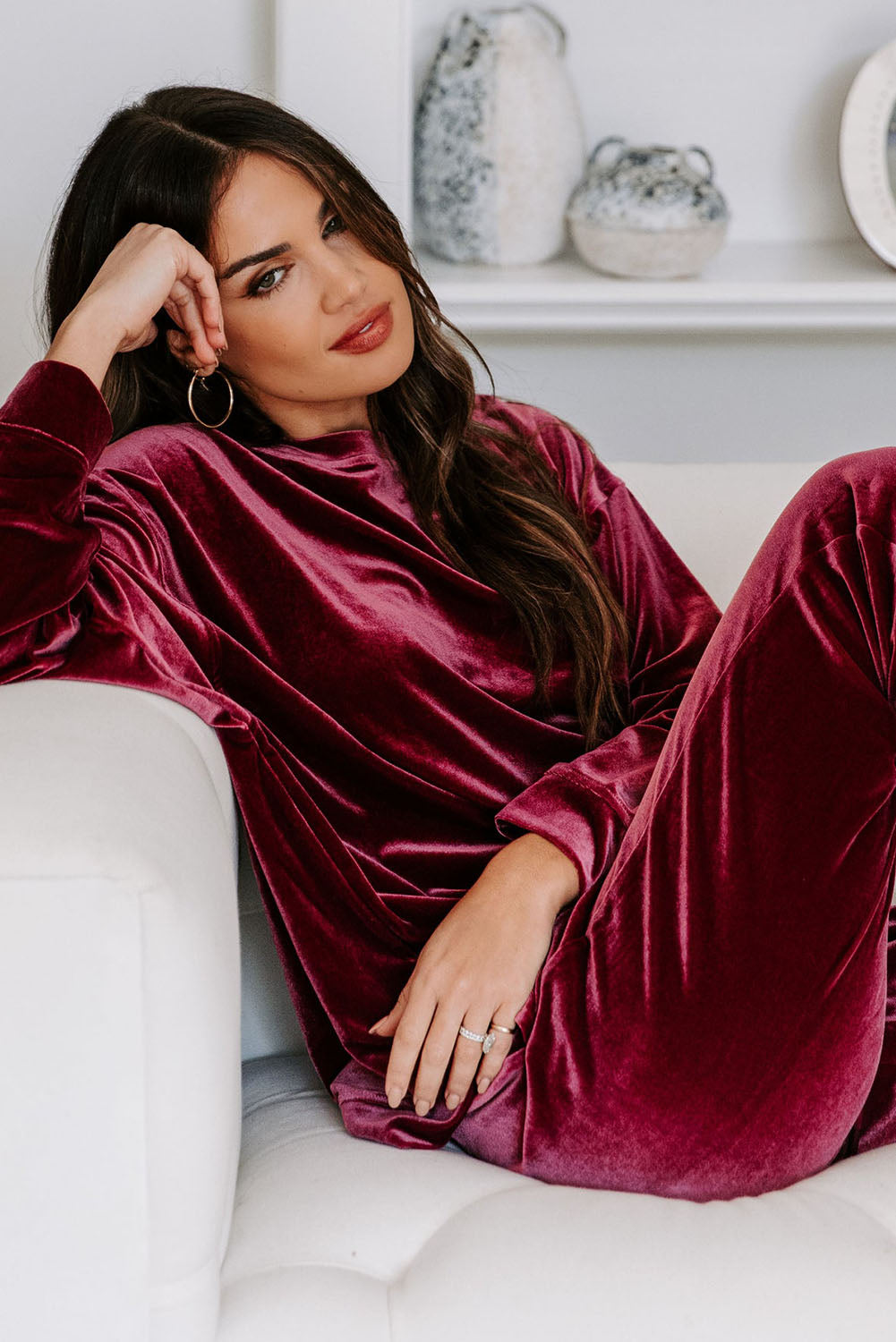 Burgundy Velour Long-sleeve Top & Pants Lounge Set