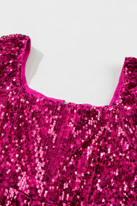 Bright Fuchsia Pink Short Puff Sleeve Sequin Romper