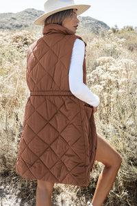 Brown Longline Quilted Stand Collar Snap Down Vest