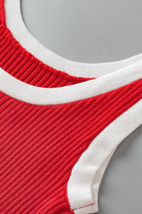 Red and White Trimmed Ribbed Stretch Knit U-Neck Tank Top