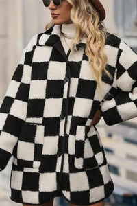 Black and White Checkered Button Up Collard Fleece Coat