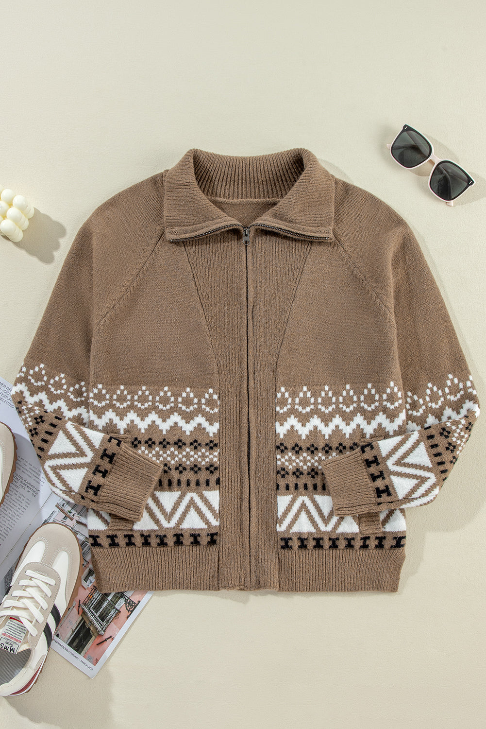 Light Brown Western Aztec Design Full Zip Collared Sweater