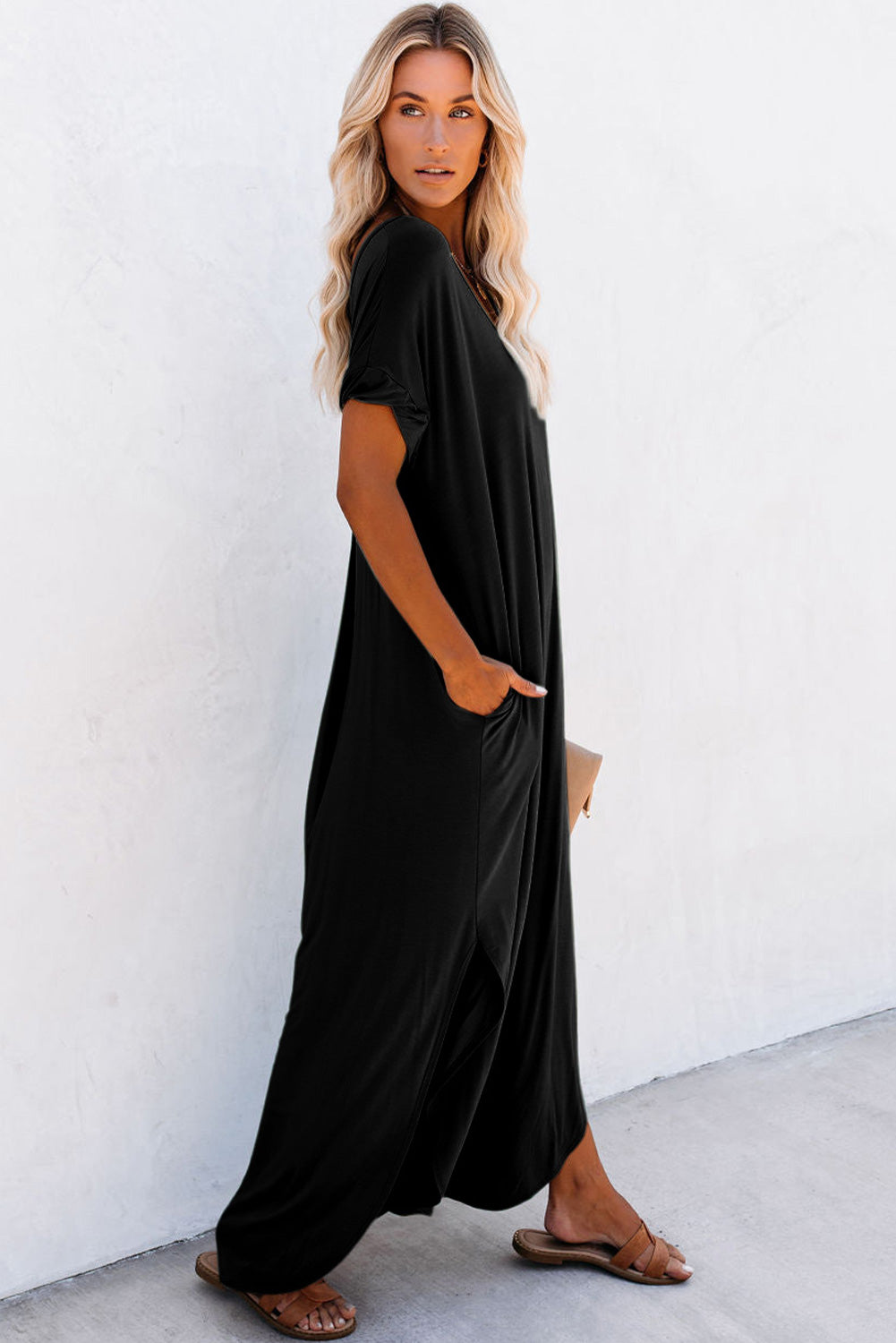 Black V-neck Side Split Maxi T-shirt Dress with Pockets