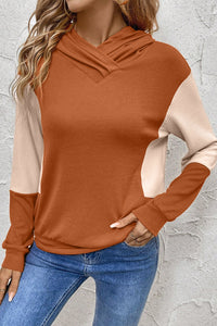 Brown and Beige Textured Color Block Crossed Neckline Hoodie