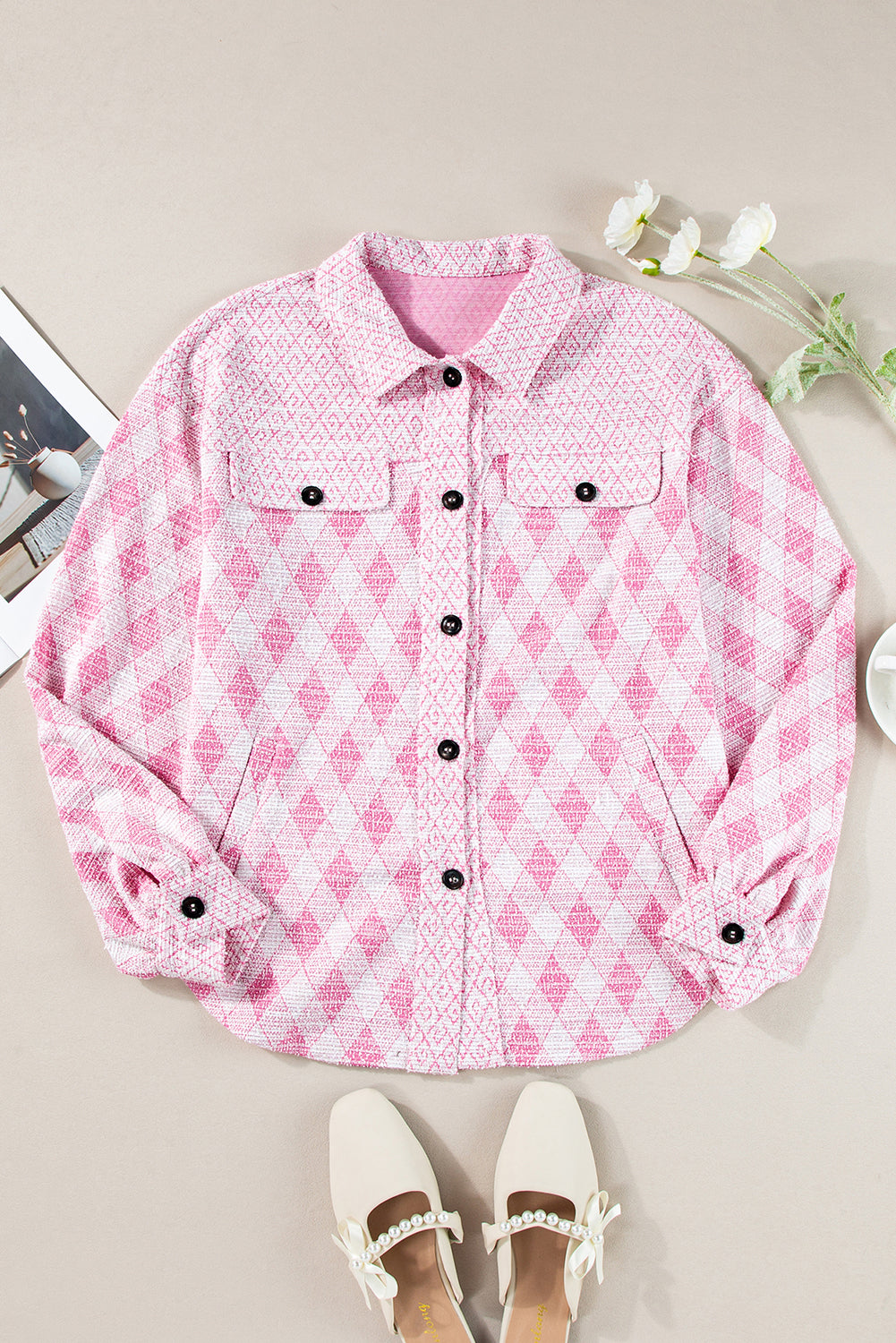 Pink Geometric Design Textured Button Up Shacket