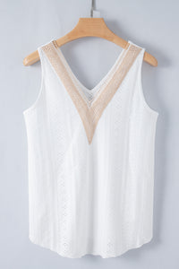 White Crochet Trim V-Neck Lightweight Tank Top