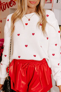 White with Red Hearts Drop Shoulder Round Neck Sweater