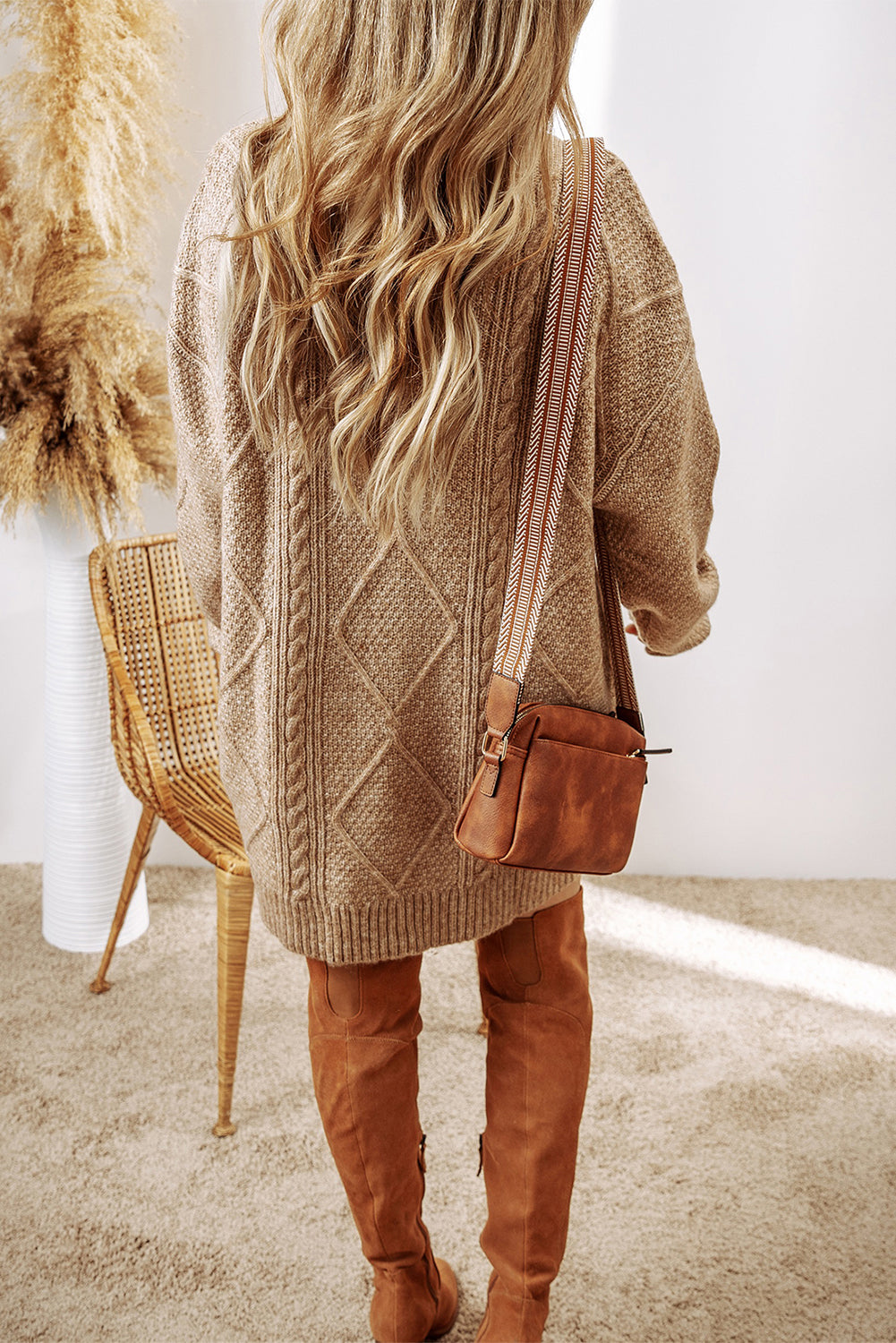 Beige Cable Knit Drop Shoulder Loose Fit Sweater Dress