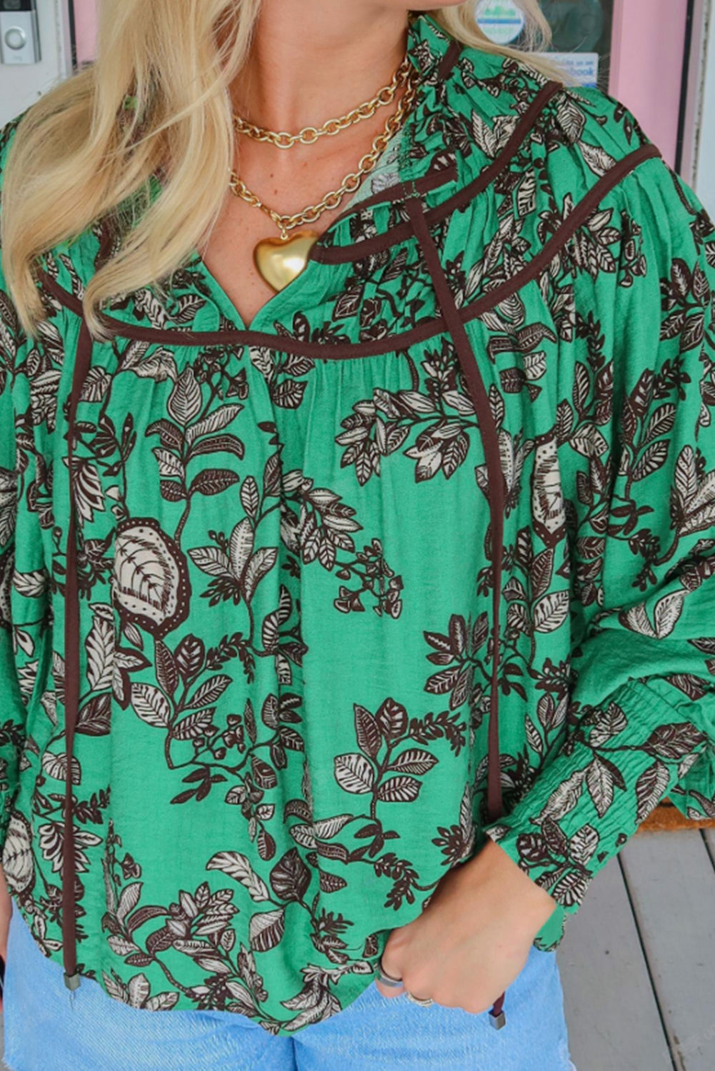 Green and Black Floral V-Neck Brown Trim Long Sleeve Blouse