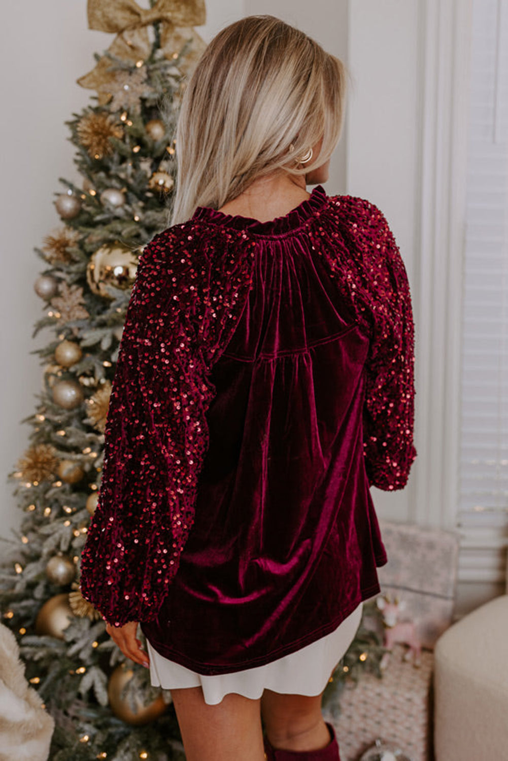 Burgundy Sequin Sleeve Button Up Velvet Top